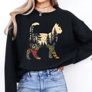 Boho Cat Plants Sweatshirt, Nature Trees Wild Flowers Sweatshirt